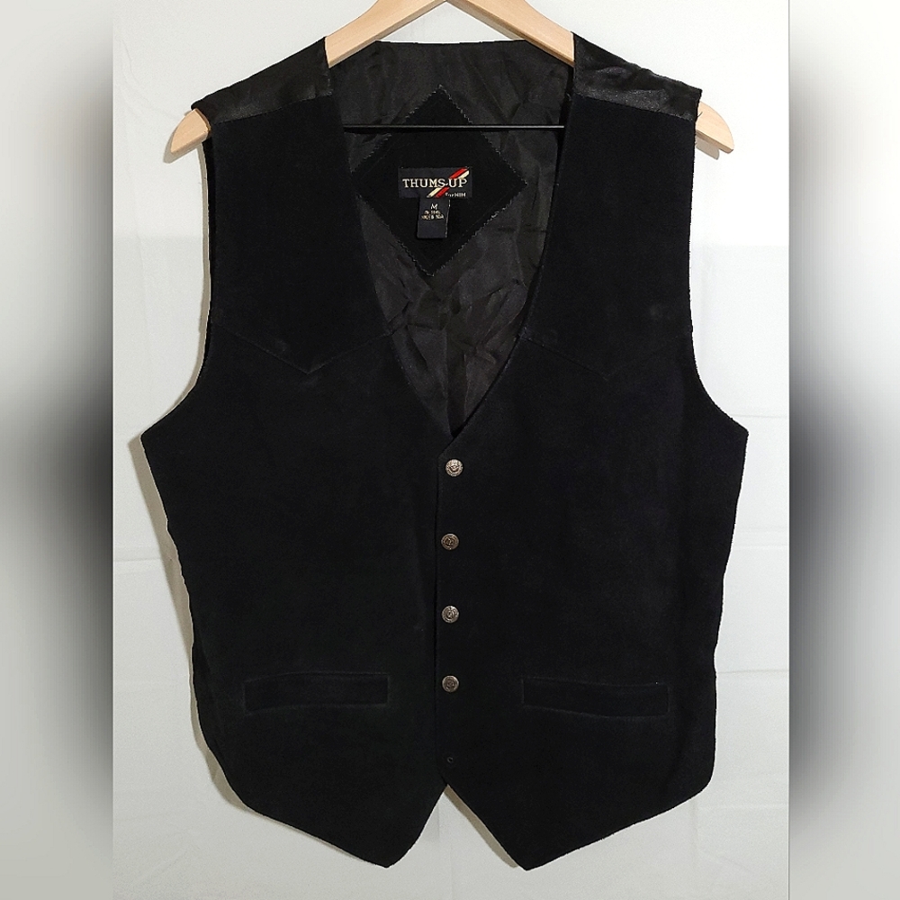 Vintage Thums Up Suede Leather Vest w/ seal of Oklahoma button snaps, size M